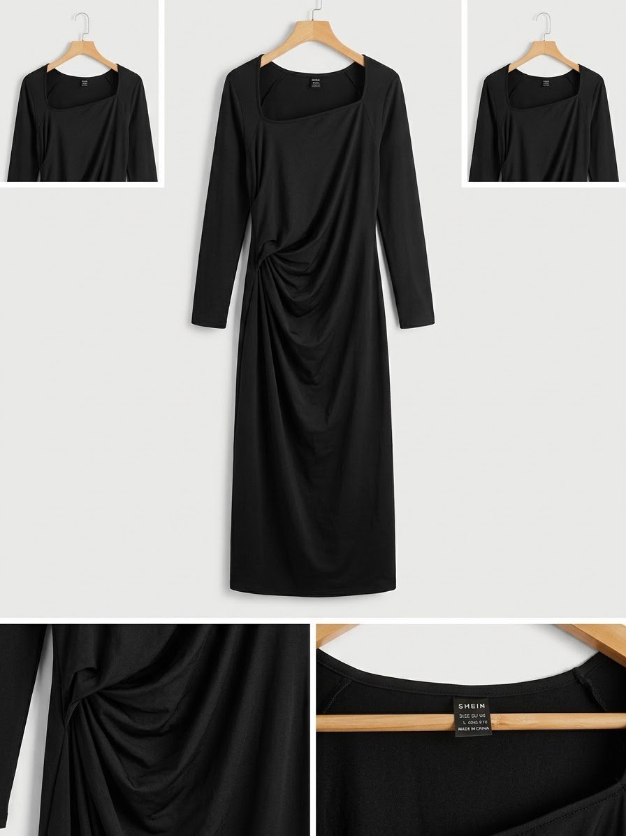 Robe Longue Froncée à Col Asymétrique – SHEIN