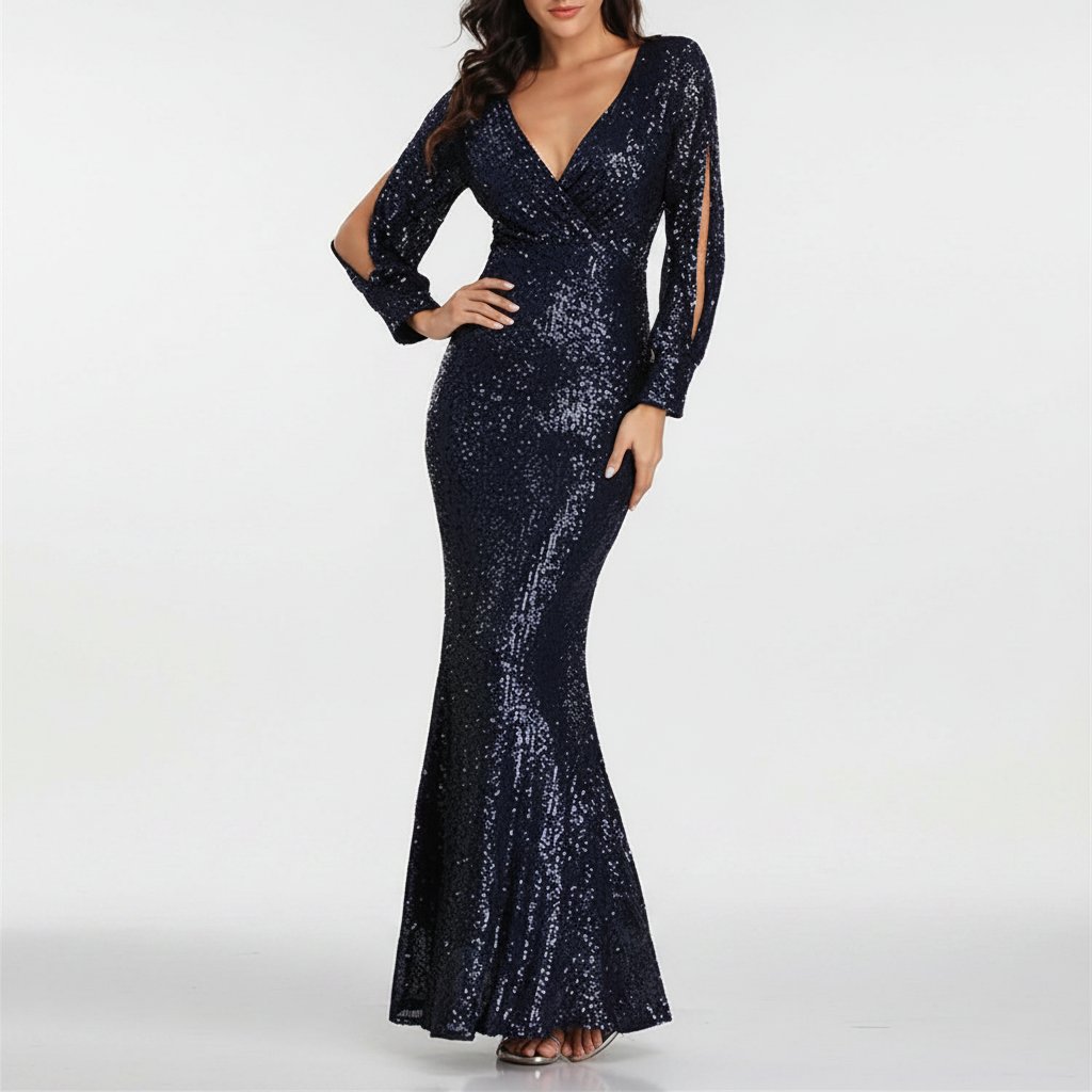 ✨ Robe de soirée bleu nuit à sequins, coupe sirène élégante avec décolleté en V et manches longues. 💫 Chic, brillante et parfaite pour toutes vos occasions spéciales 