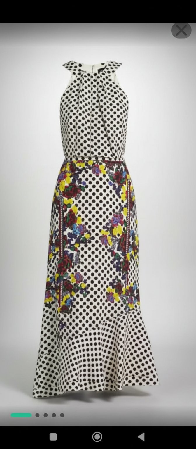 Imprimé unique : pois noir & blanc et fleurs multicolores  Détails élégants : col noué, taille cintrée, jupe évasée  Prix boutique : 562$