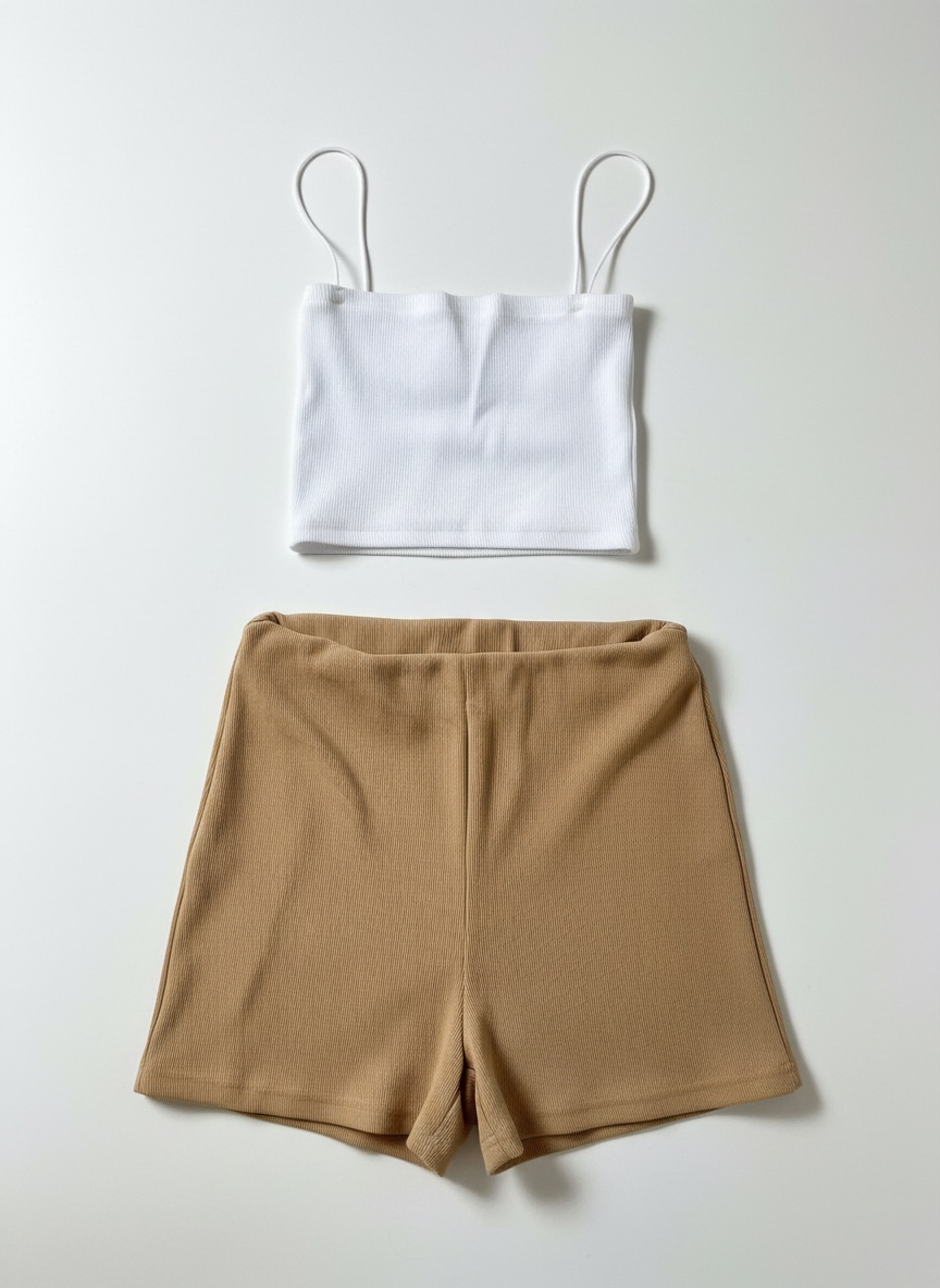 Ensemble crop top blanc & short beige côtelé
