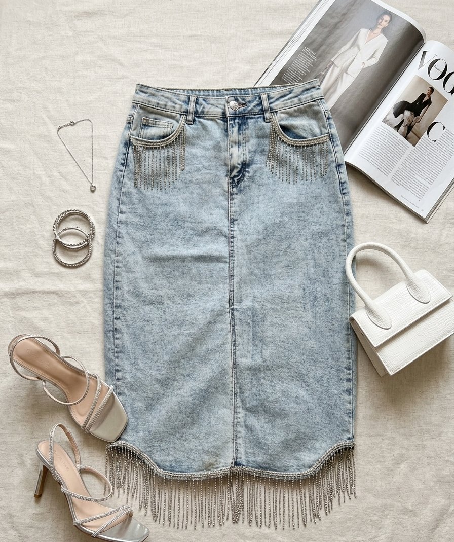 Jupe en jean stylée avec strass et franges 