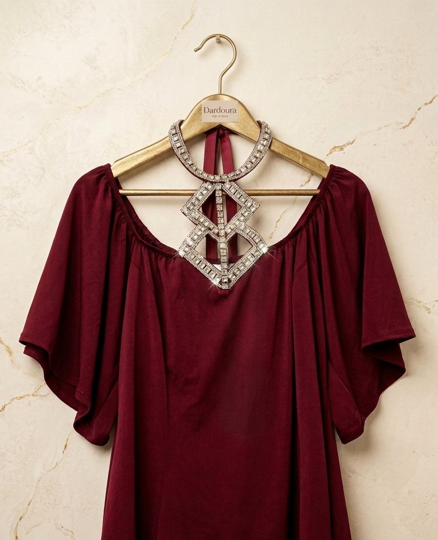 Haut chic rouge bordeaux avec col strass 