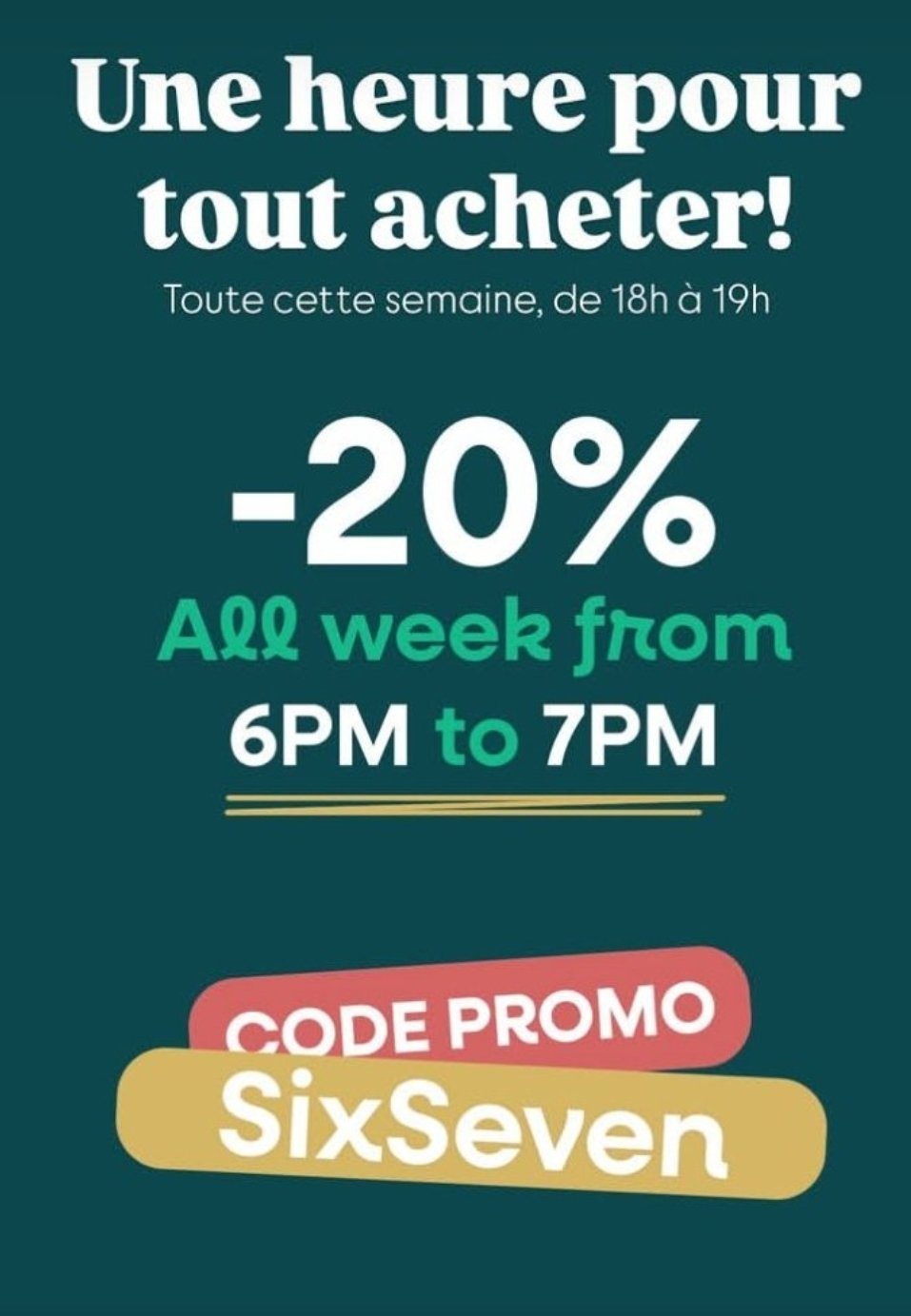 Une heure en OR chaque jour cette semaine de 18 à 19h avec une promotion de 20%mes amies, ❤️‍🔥🔥