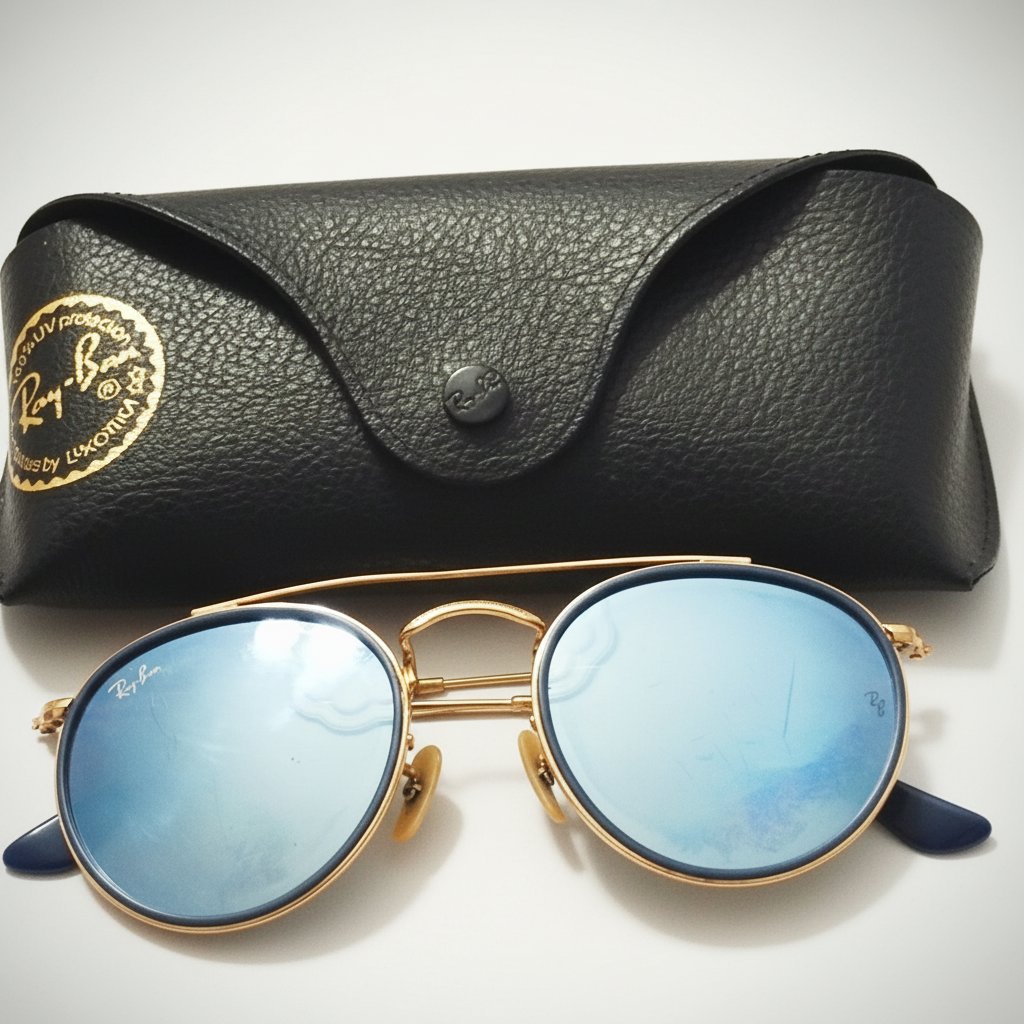 Une très belle lunette Ray Ban original double bridge doré avec verres mirroir,et un sac Fossil en cuir bleu assorti est offert 🎁🔥❤️‍🔥