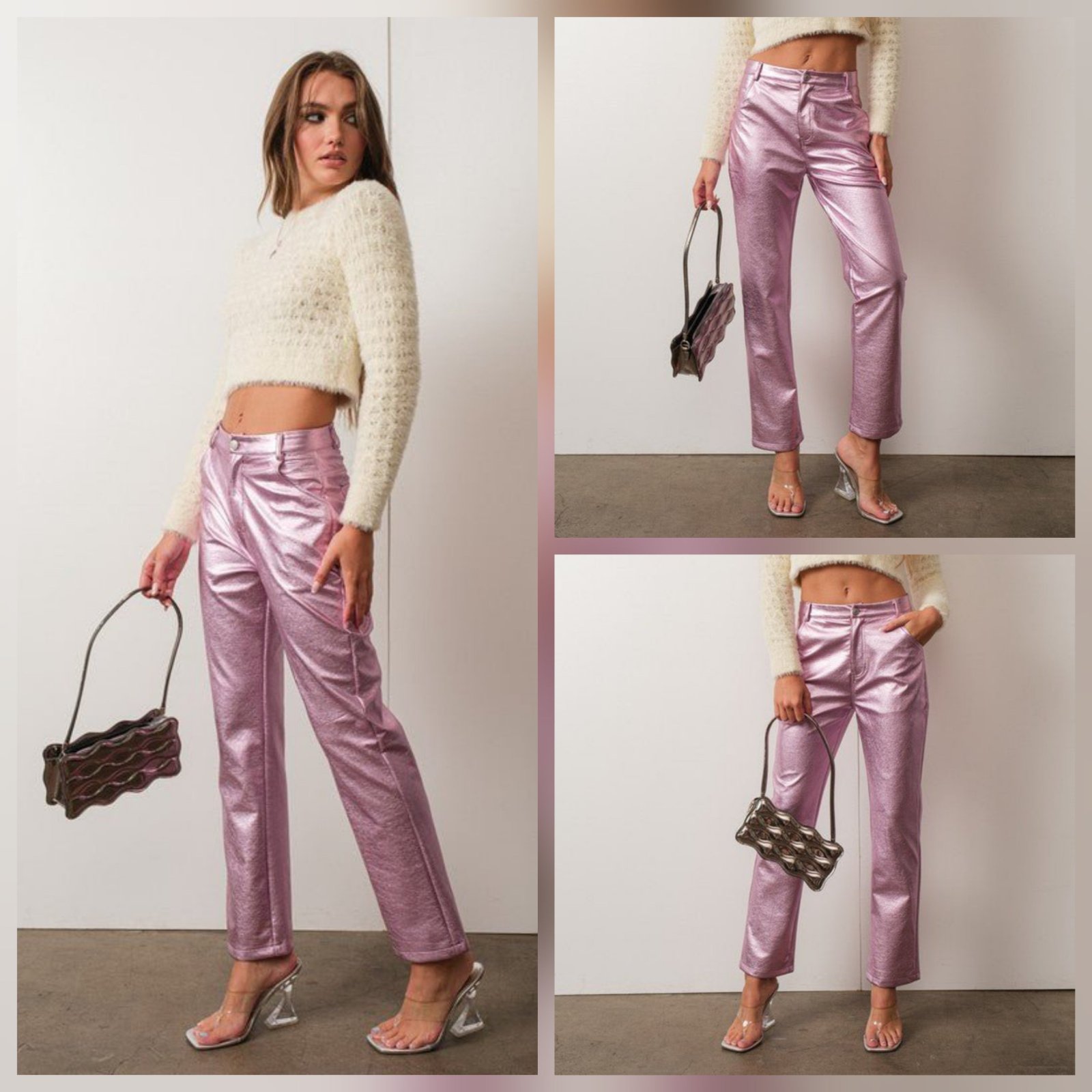 Pantalon rose metallique, faux cuir. 