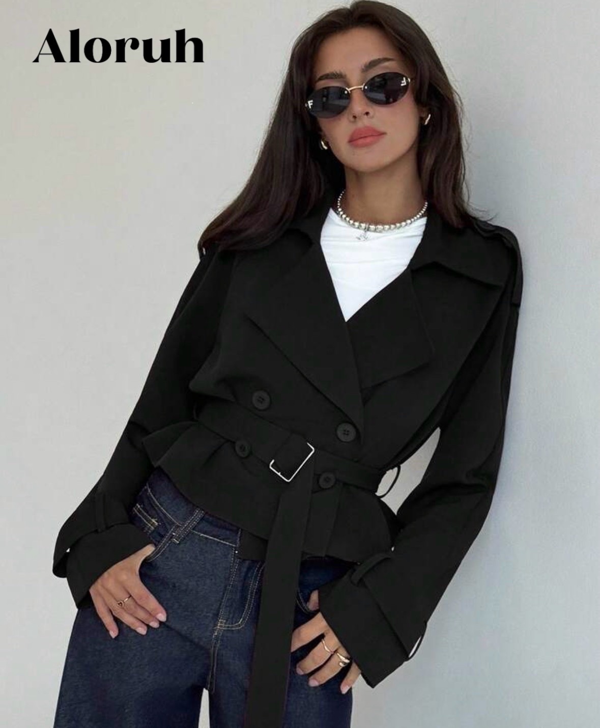 SHEIN Black Cropped Trench Coat 