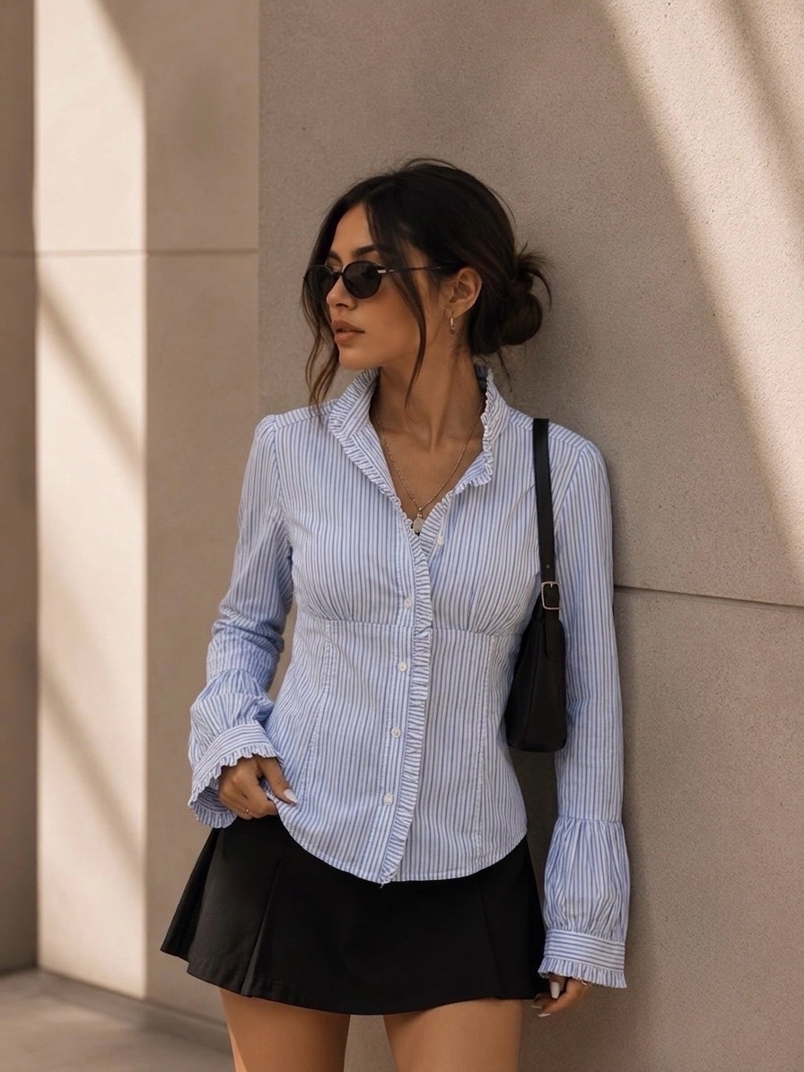 💙 Chemise cintrée à rayures bleues et détails volantés