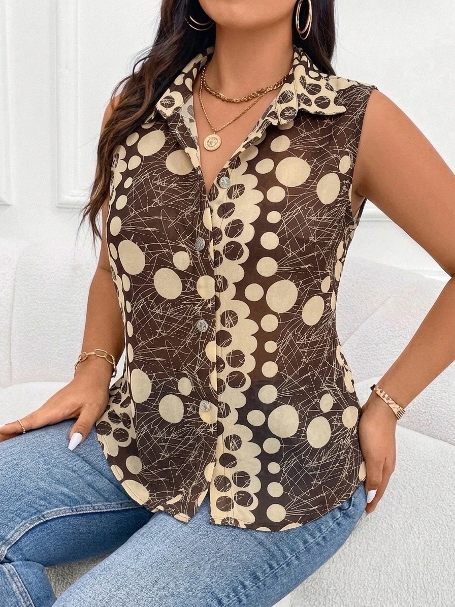 Chemise sans manches à motif rétro – Tons marron & beige 🤎✨