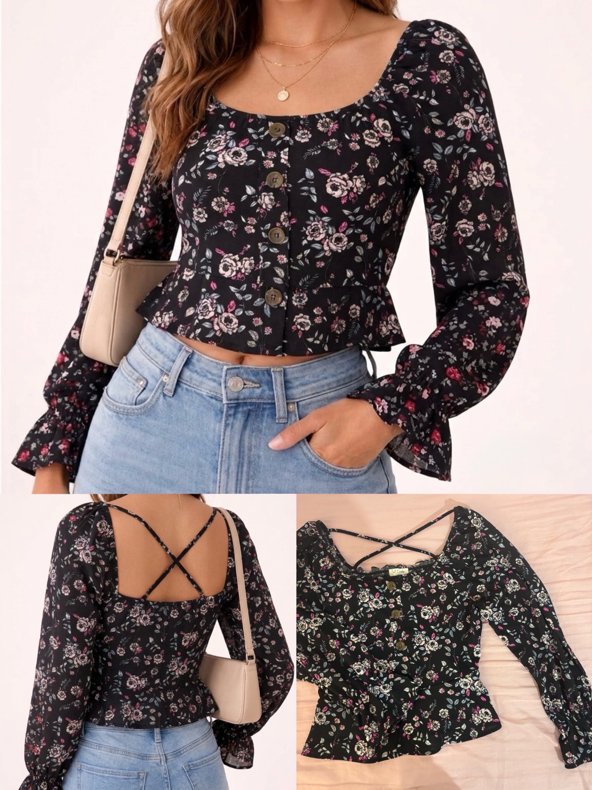 Top noir fleuri col carré 🌸