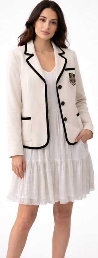 Veste beige élégante à finitions noires et écusson chic