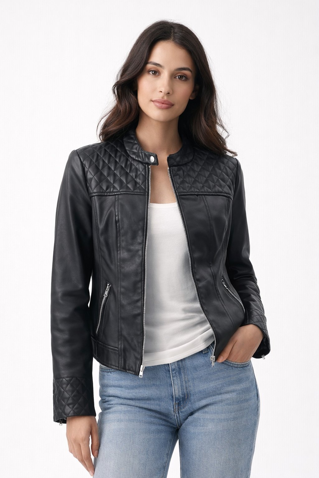 Veste simili cuir noire matelassée 