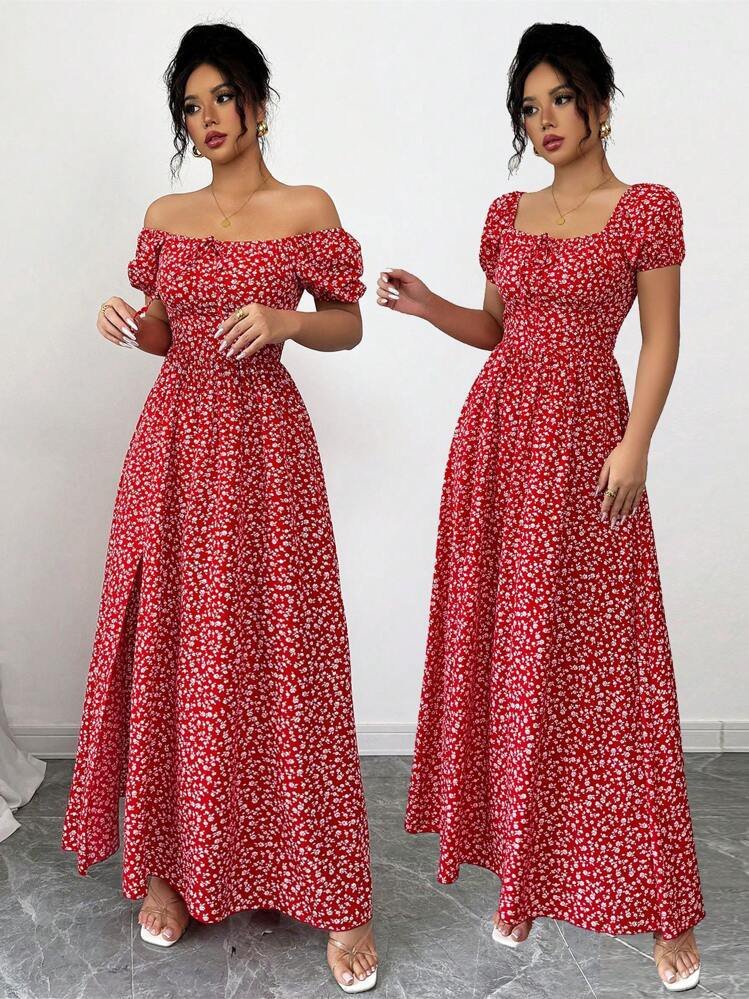 Robe longue rouge fleurie blanche, style champêtre, avec encolure carrée et manches bouffantes
