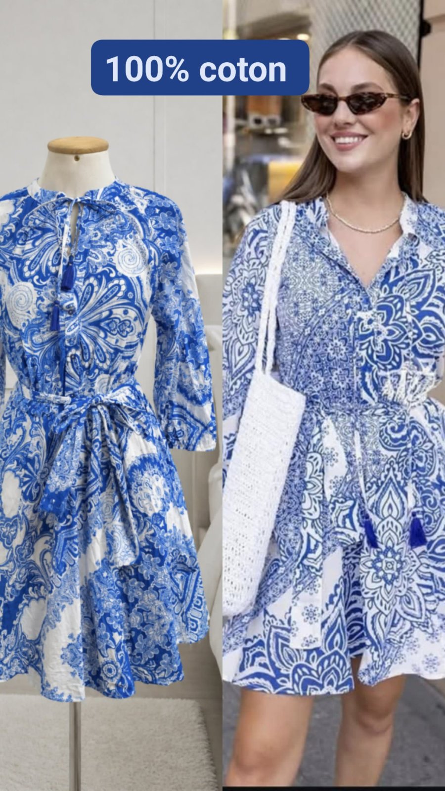 Mini-robe bleue à imprimé floral et ceinture nouée à la taille 100%coton