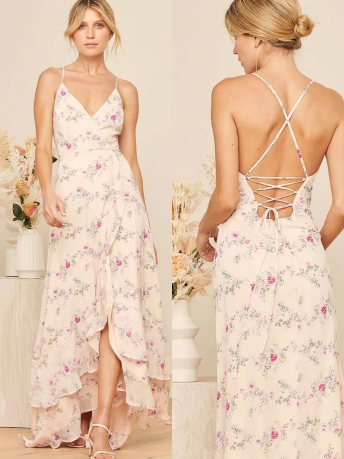 Robe longue Lulus In Love Forever rose poudré à lacets et imprimé floral asymétrique