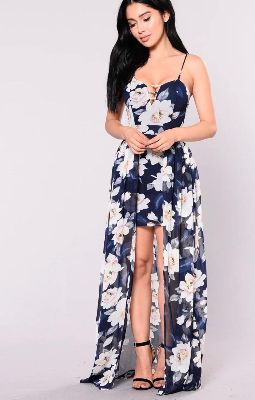 Robe maxi fleurie bleu marine et blanche