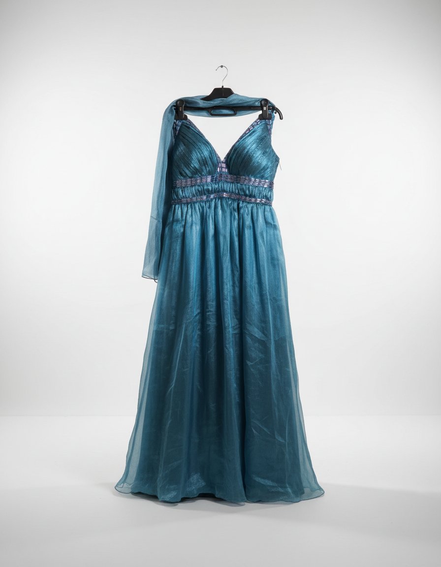 Robe longue de soirée bleu métallisé – Dos froncé et perles brodées