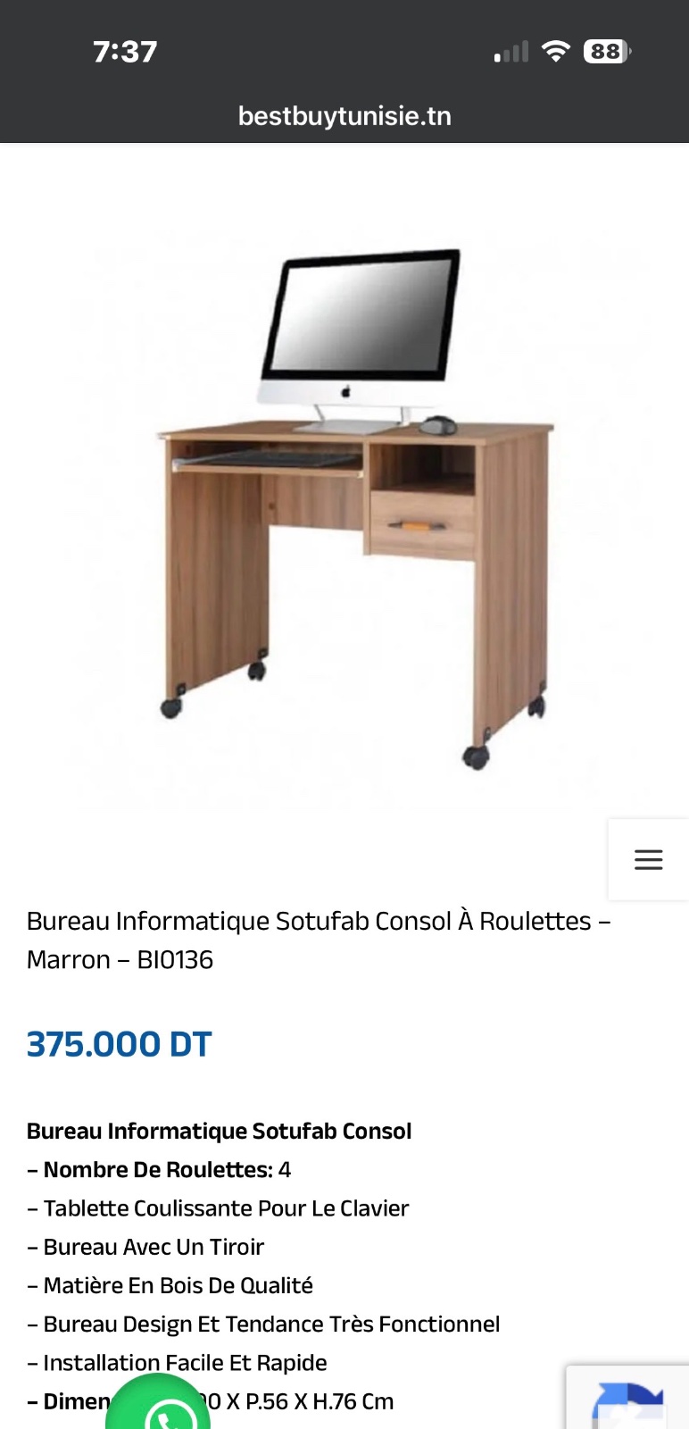 Bureau informatique sotufab consol avec roulette(vrai bois)