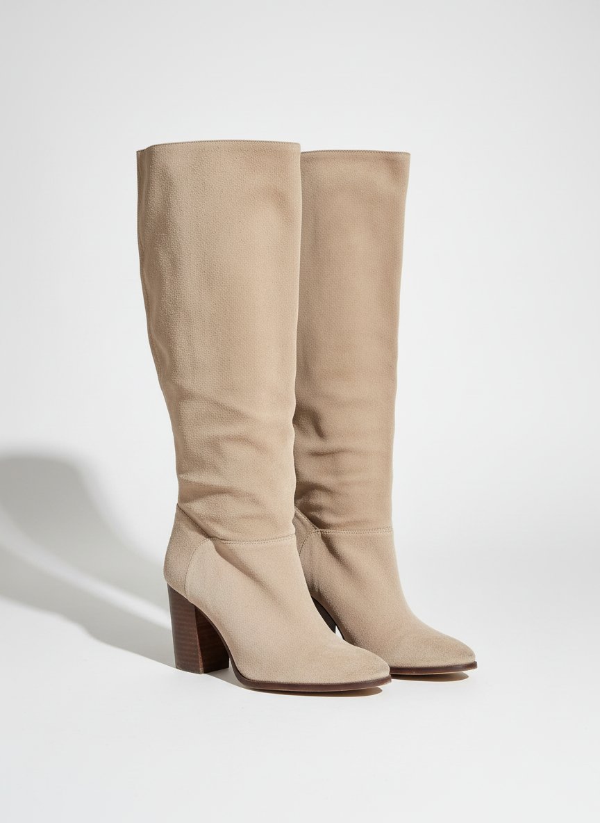 Bottes beiges en daim à talon carré – très chic