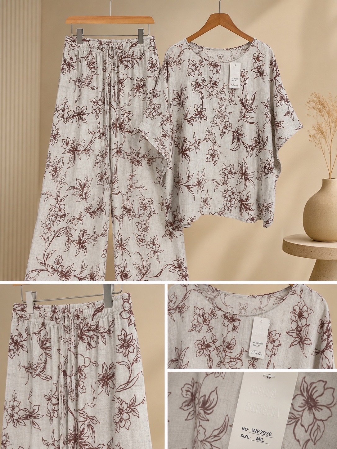 🌸 Ensemble femme 2 pièces fleuri – Beige & bordeaux – Taille M/L