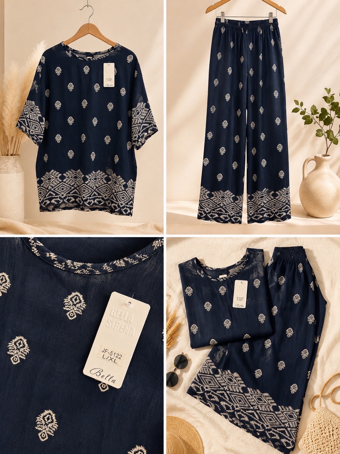 Ensemble femme 2 pièces noir imprimé – Léger & élégant – Taille L/XL