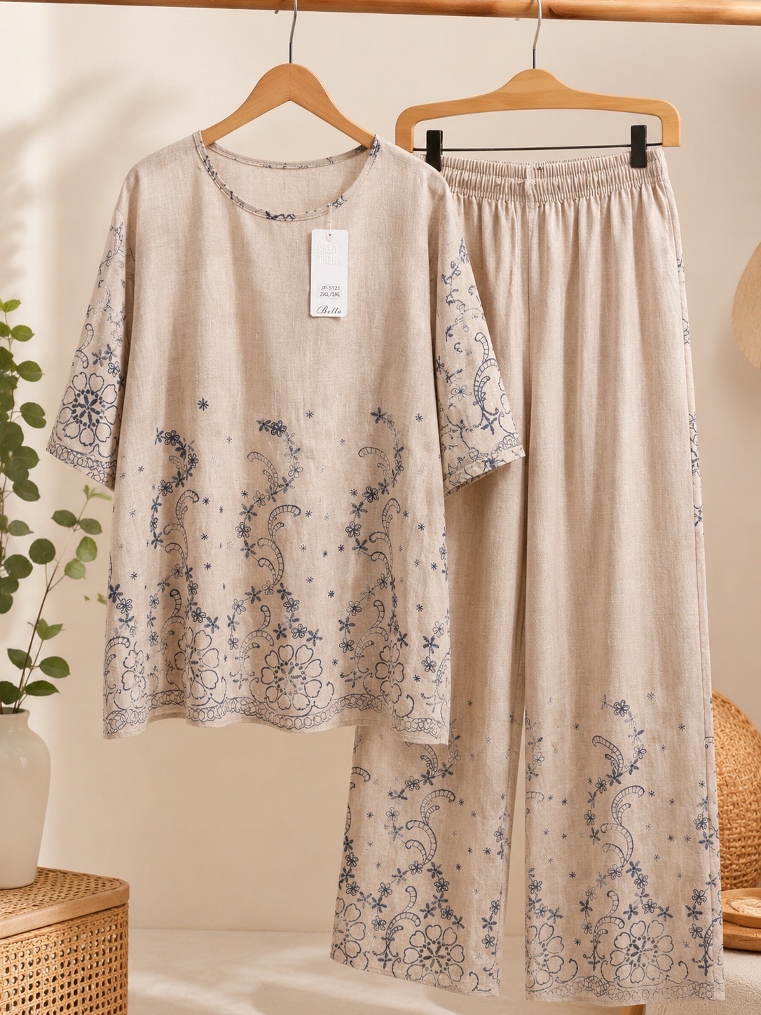 Ensemble femme 2 pièces beige imprimé – Chic & confortable – Taille 2XL/3XL