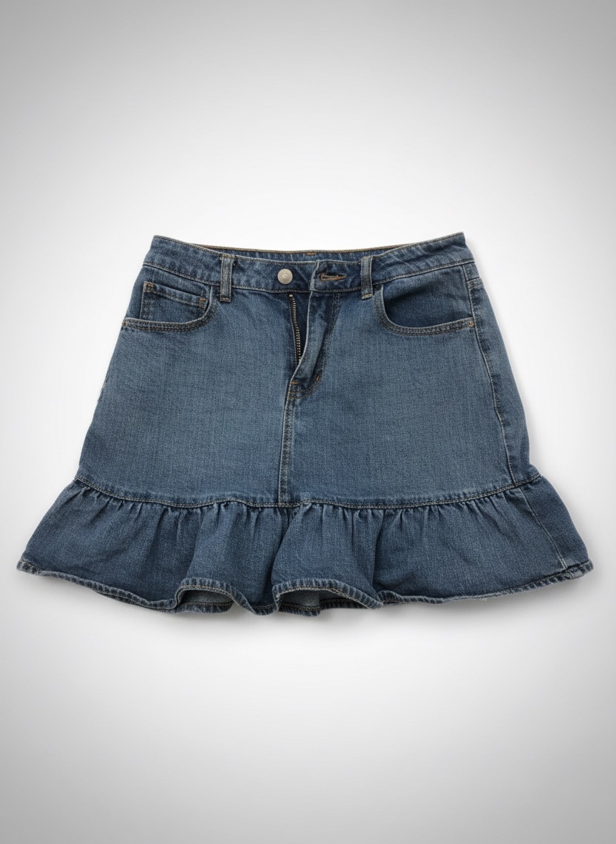 Jupe en jean bleue à volant 	•	Mini jupe en denim 	•	Jupe en jean casual