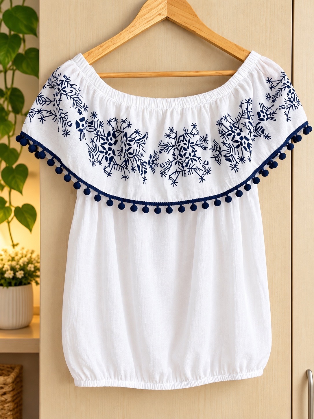 Tunique blanche brodée bleu marine – Taille L