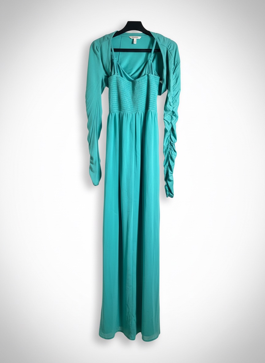 Robe longue turquoise avec boléro assorti – Élégante & fluide 💚