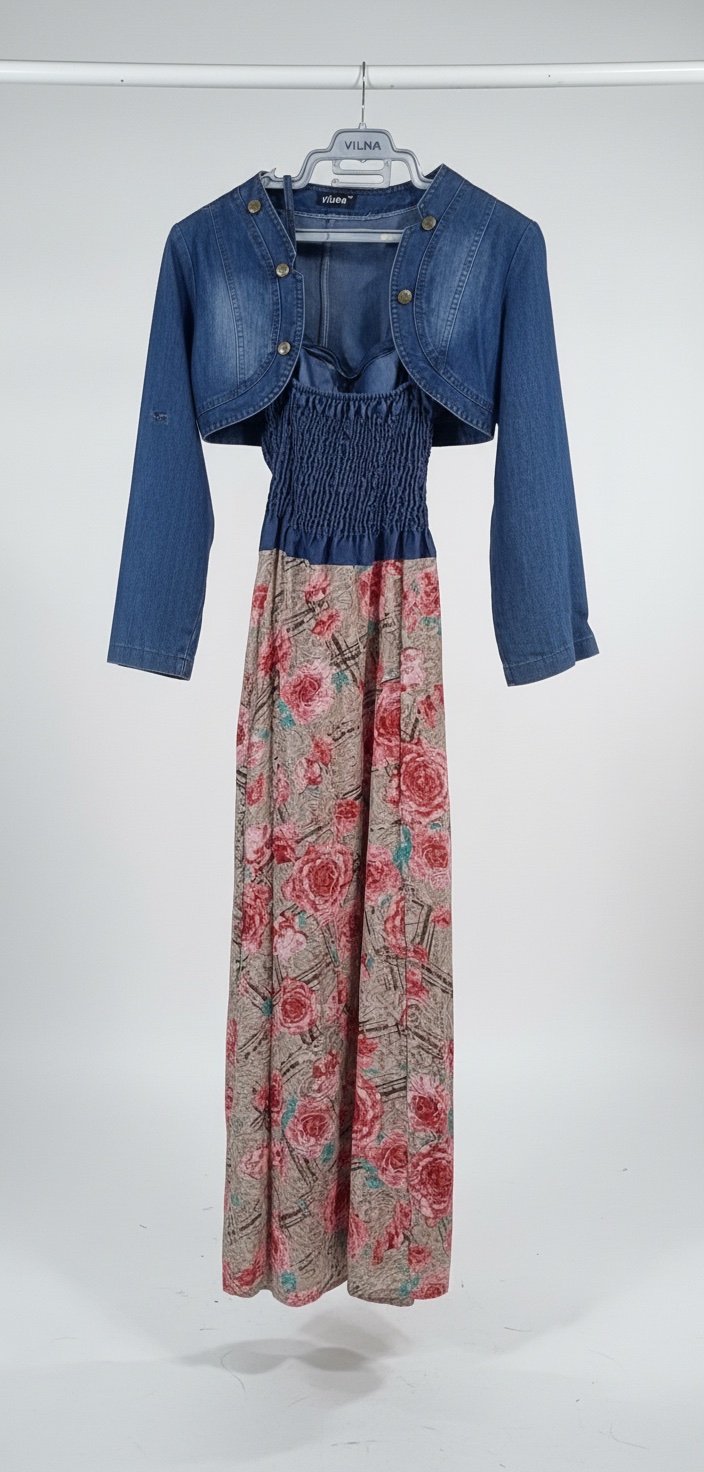 🌸👗 Robe longue fleurie avec veste en jean 💙✨