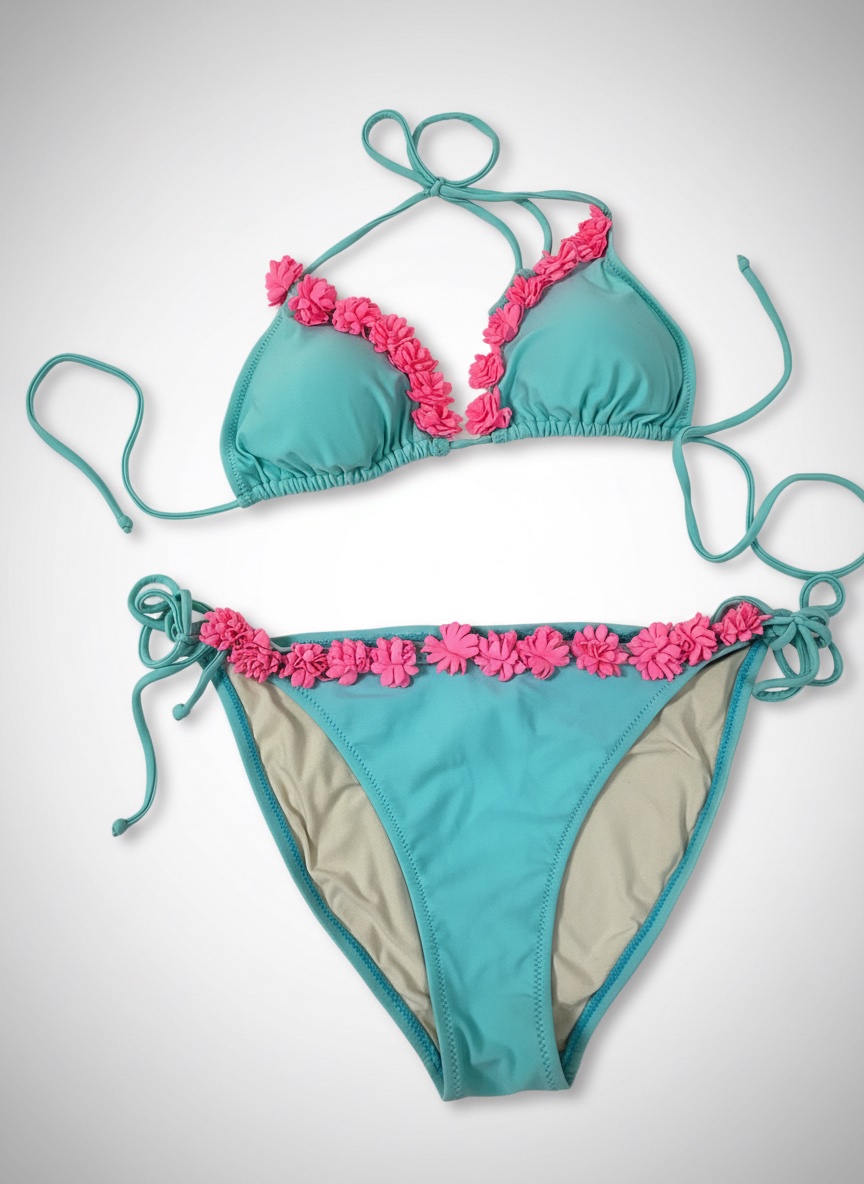 🌸💙 Maillot de bain 2 pièces turquoise à fleurs roses – Taille S M 💙🌸