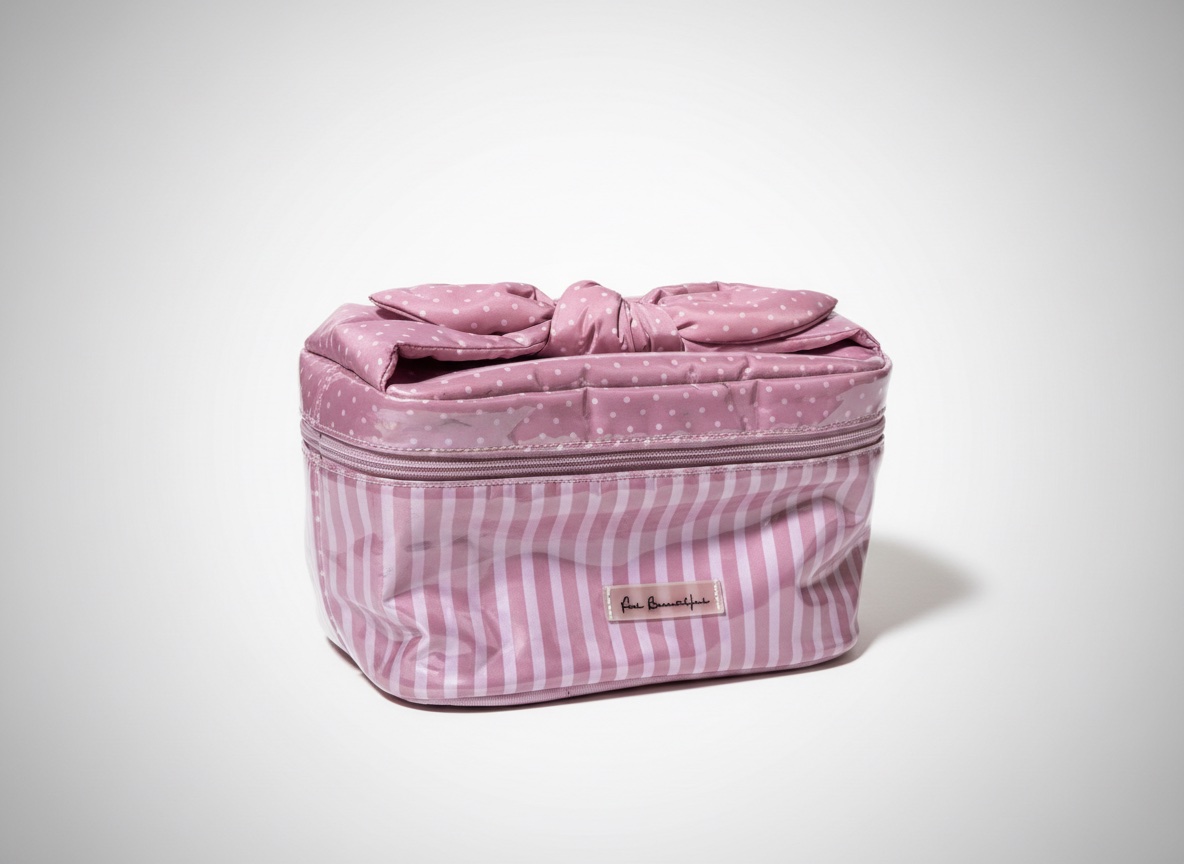 🌸 🎀 Trousse Vanity Rose à Pois & Rayures, Grande Capacité 💖