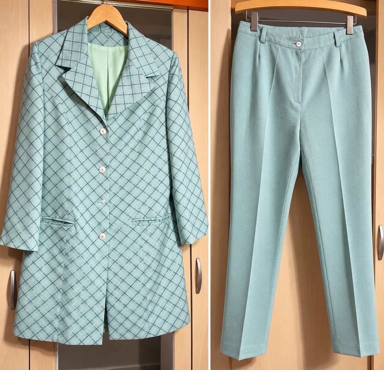 Ensemble tailleur femme vert d’eau – Blazer à carreaux et pantalon assorti