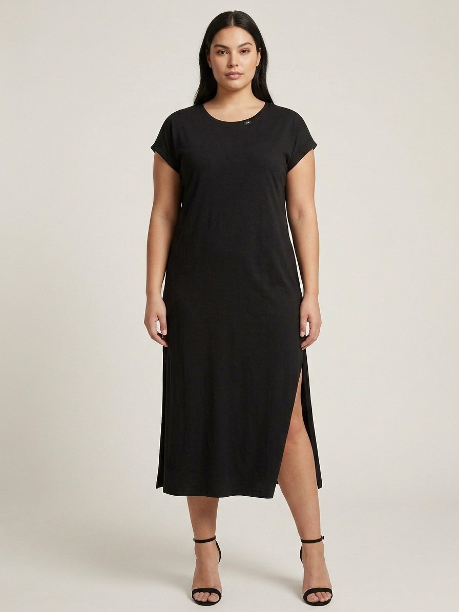 Robe longue noire taille L, simple et chic avec une fente