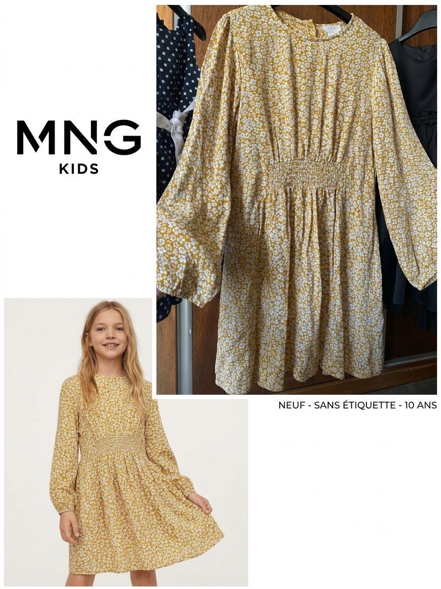 Robe fleurie jaune/moutarde MANGO Kids (10 ans / 140 cm) – Neuf sans étiquette