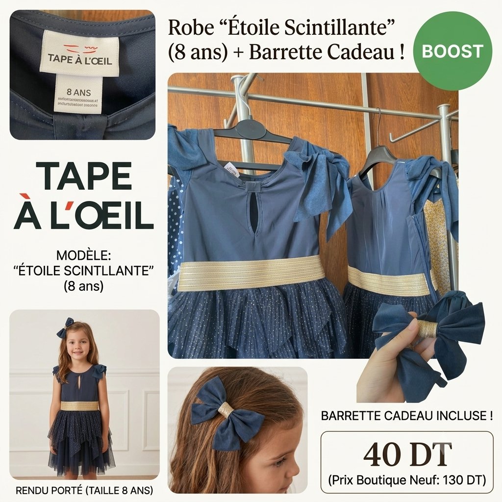 Robe Tape à l'œil bleu marine & dorée (8 ans) + Barrette cadeau !
