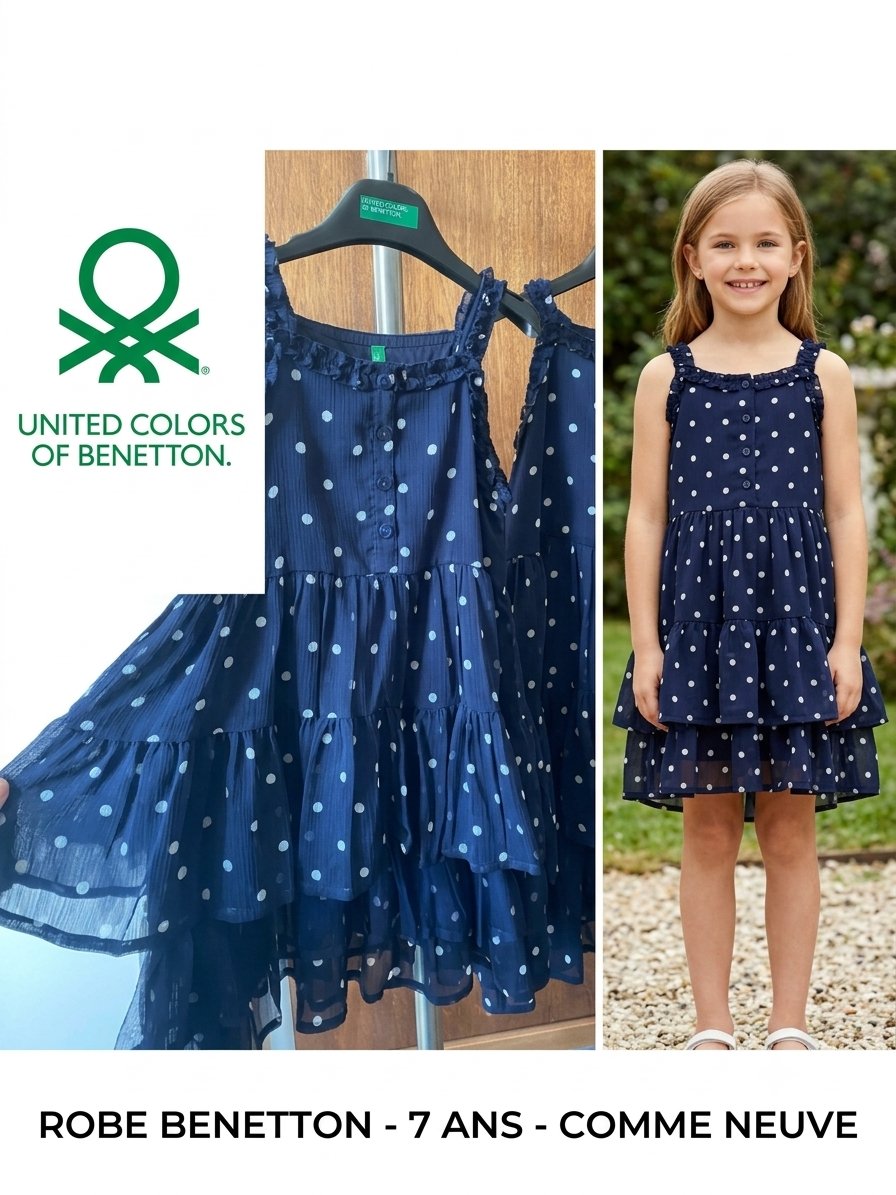 Robe d’été Benetton Kids bleu marine à pois 7/8 ans (Très bon état)