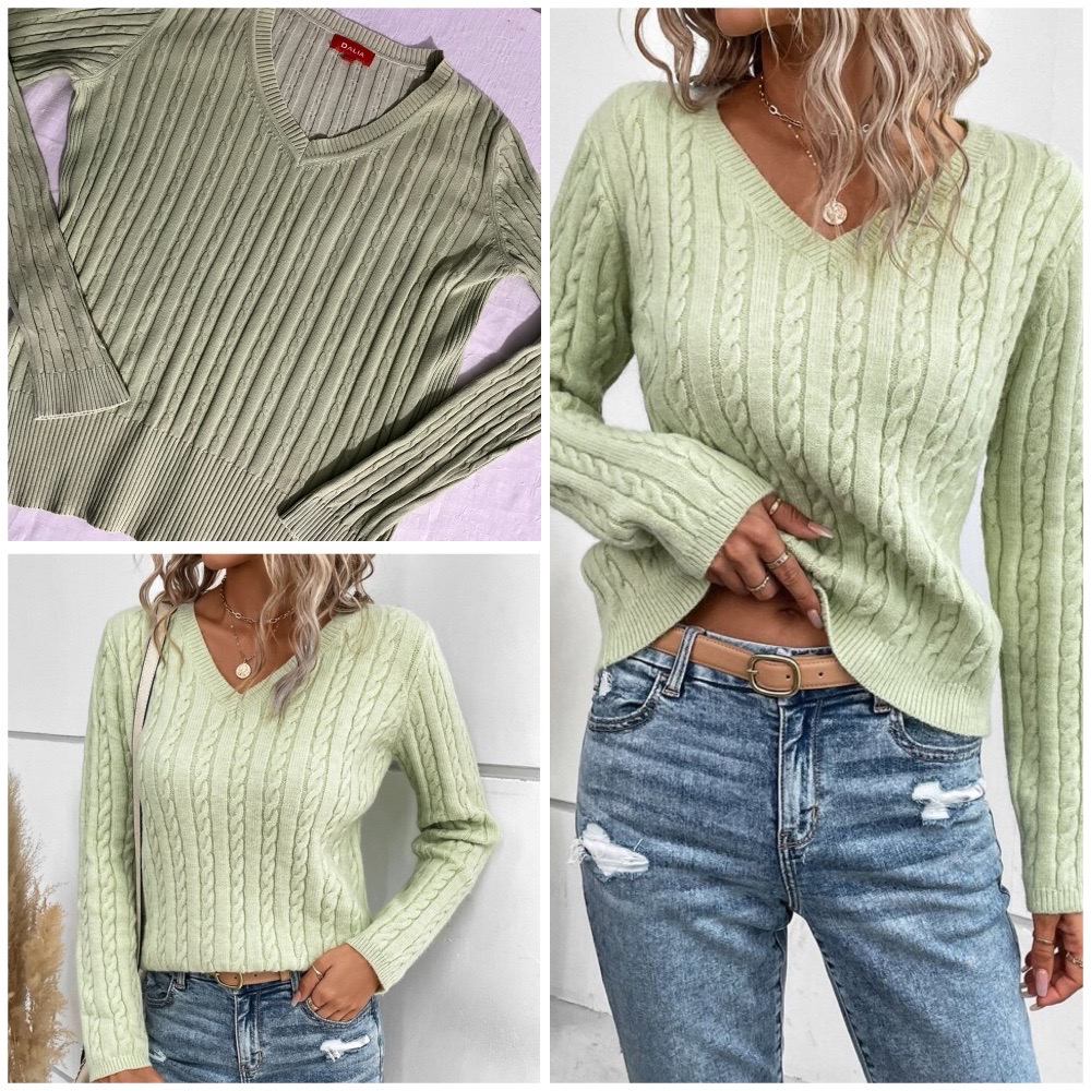 Pull En Tricot à Câble En Couleur Unie à Col V - Vert Clair