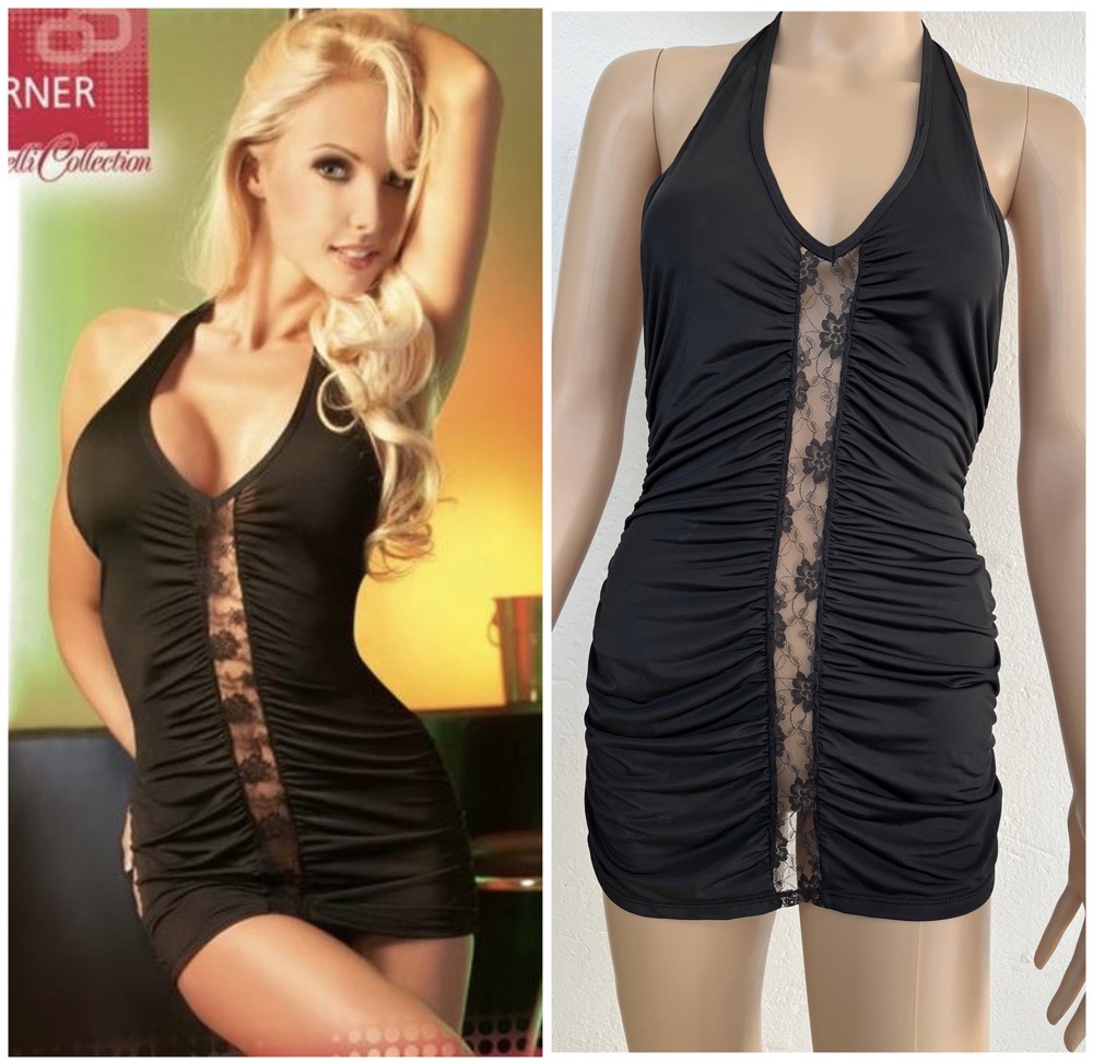 Mini robe noire avec bandes centrales en dentelle