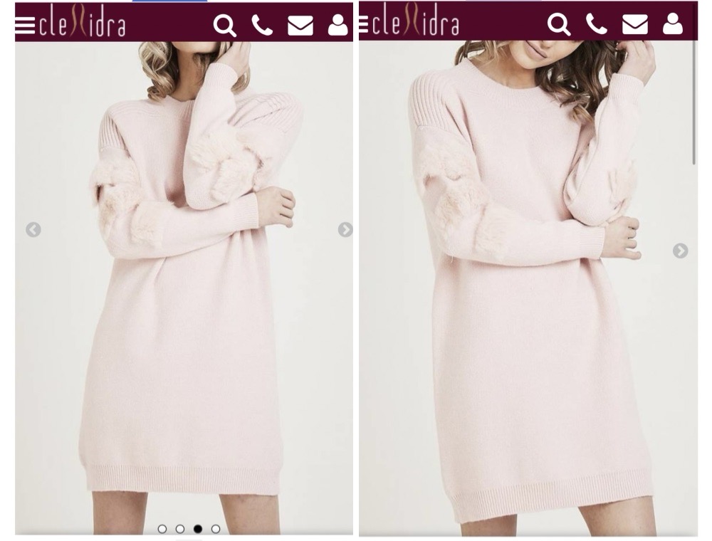 Robe/pull avec applications de fourrure sur les manches. Matière extrêmement fine et agréable au toucher. Couleur : Rose pâle.