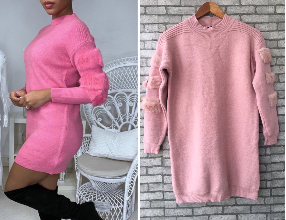 robe pull rose poudre avec fourrure synthetique aux manches 