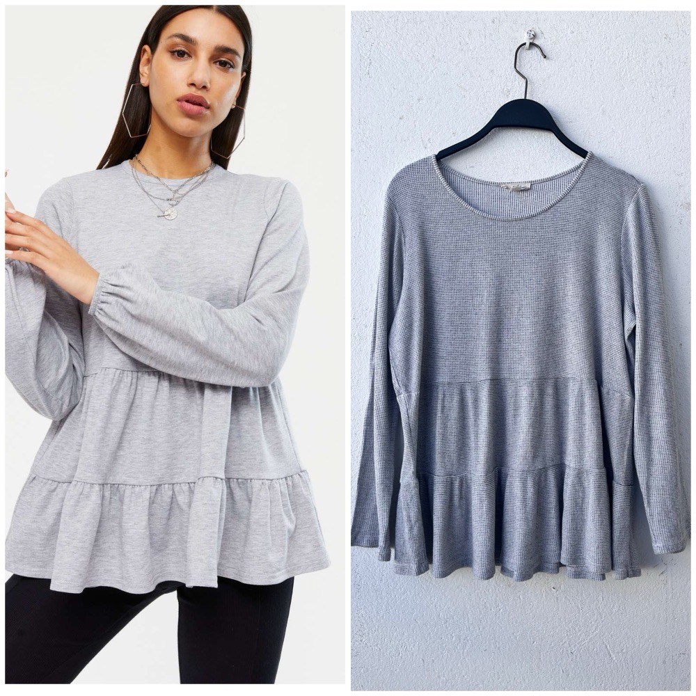 Sweat-shirt à basque à volants gris pâle
