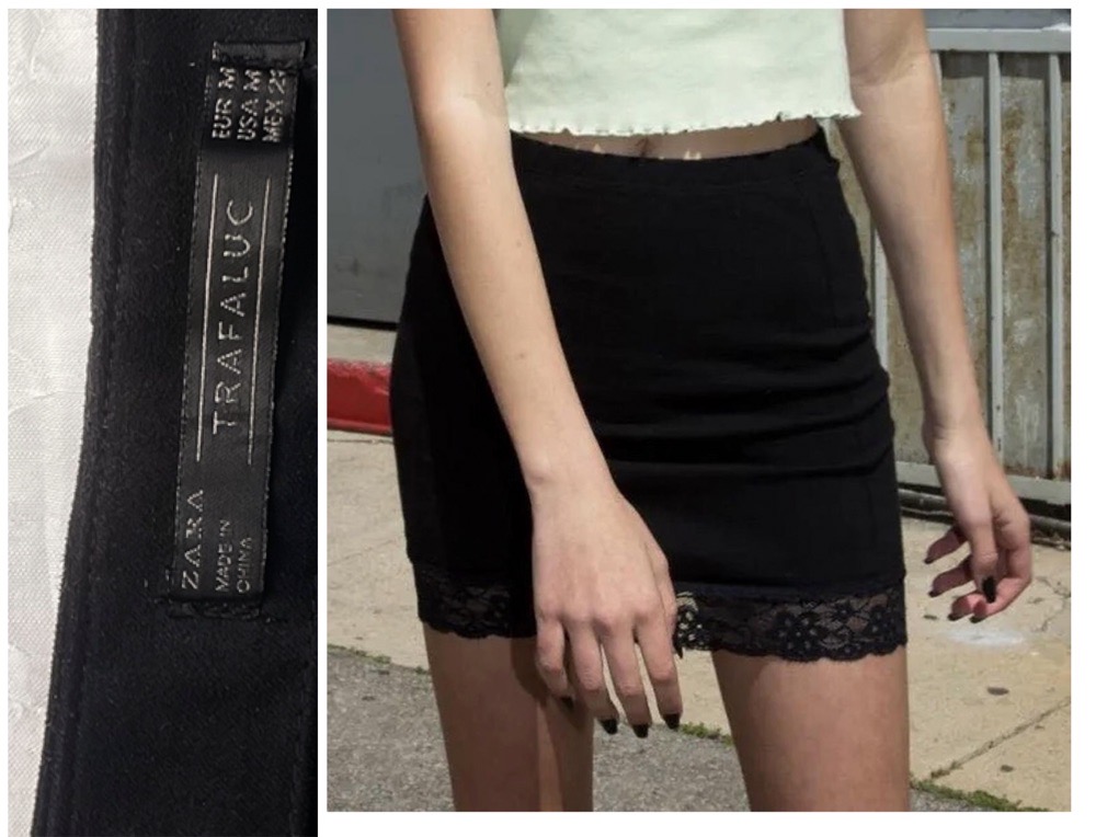 mini jupe ZARA en velours avec bandes dentelle noir 