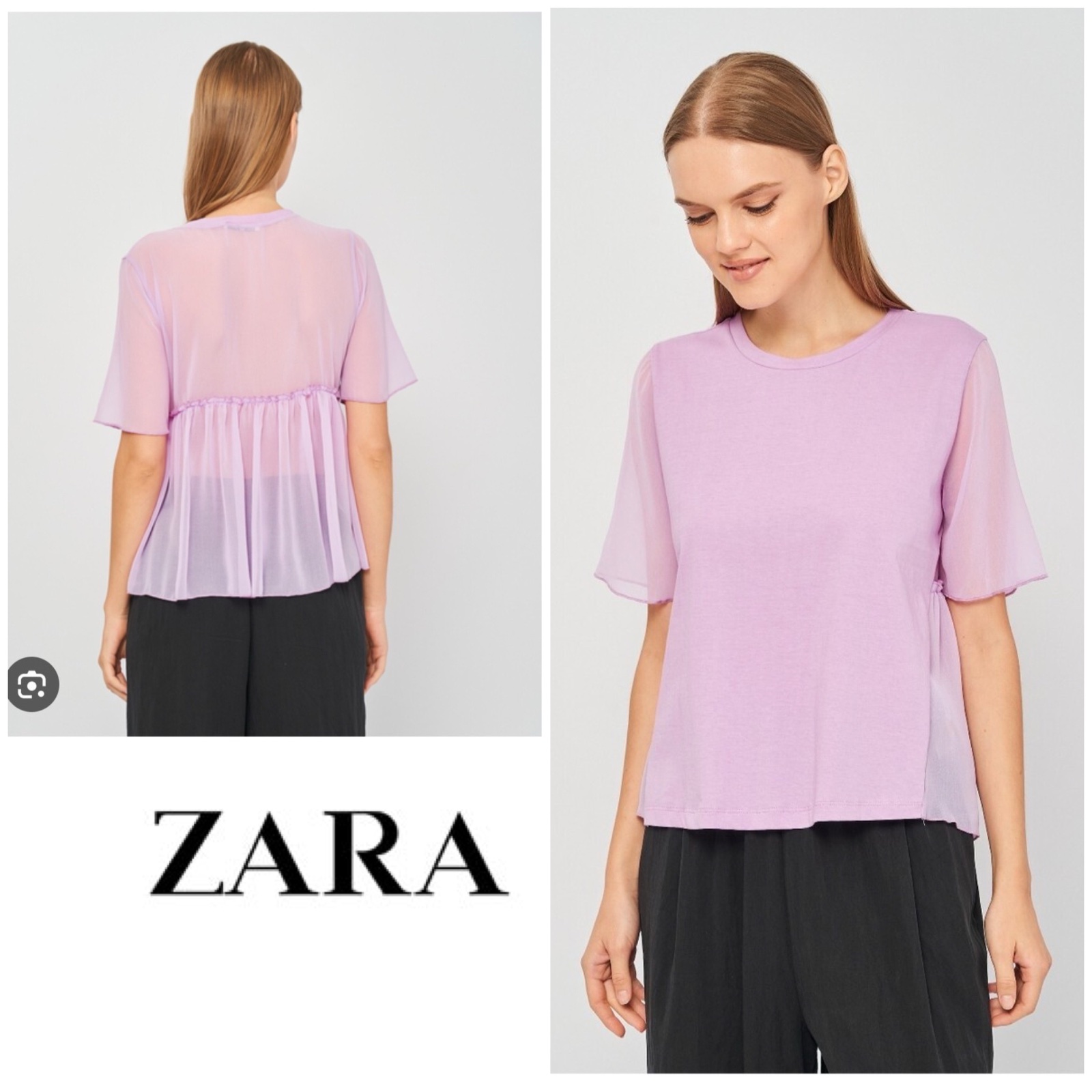 Haut lilas Zara présente des manches courtes transparentes et une structure légère