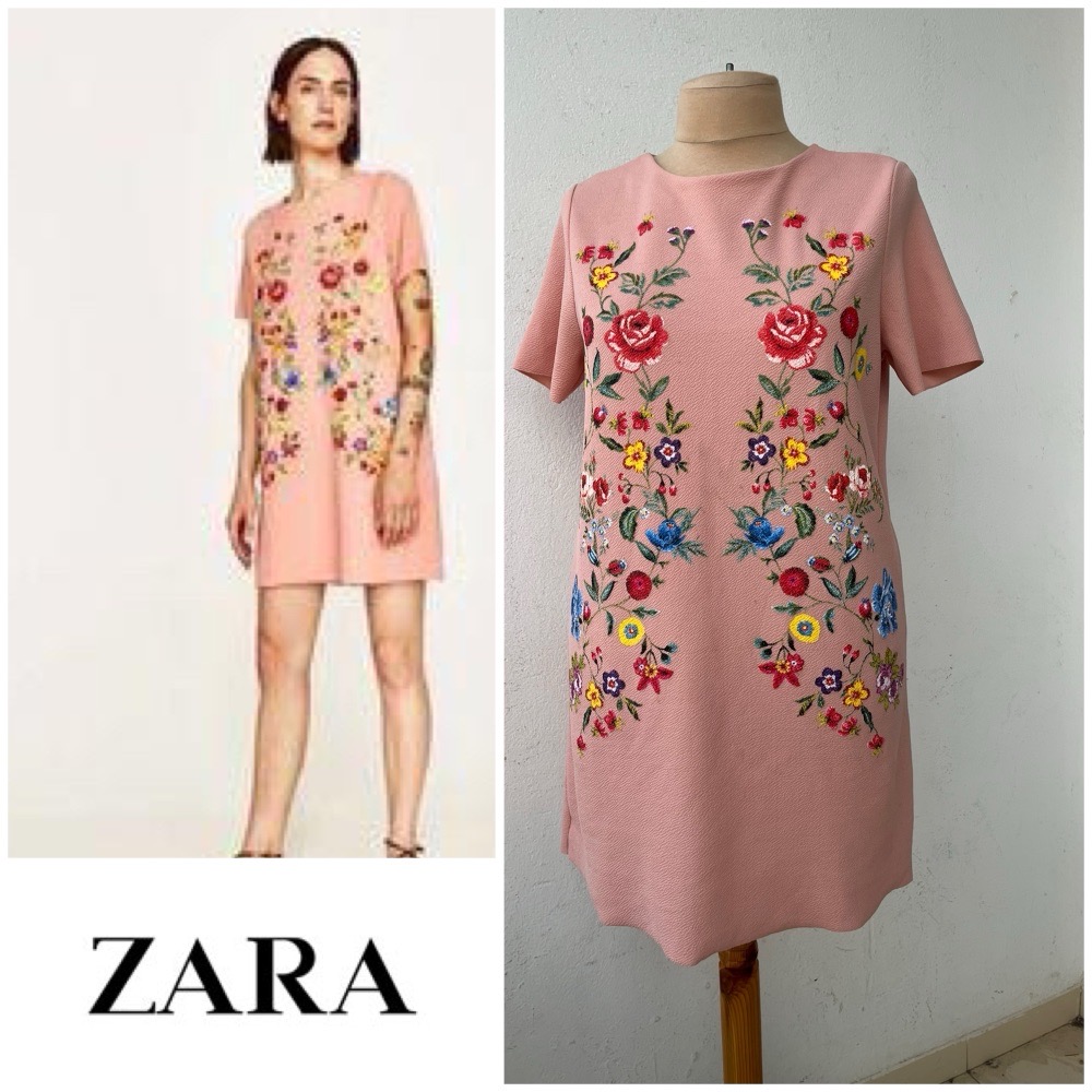 Robe droite Zara rose à broderies florales.
