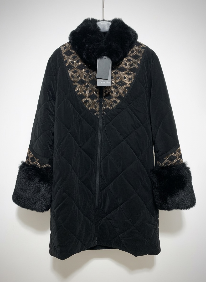 Manteau noir bomber avec fourrure et strass doré  avec etiquette