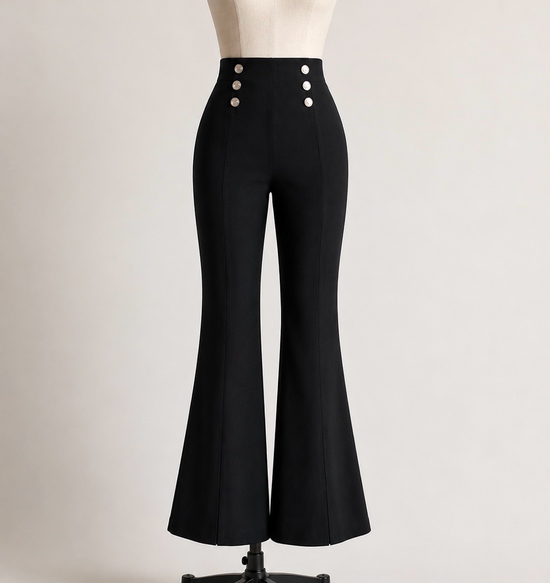Pantalon femme patte d'éléphant taille haute avec fente. tissu polyester. Tour de taille 42 cm ,hanche 54cm longueur 106cm. 