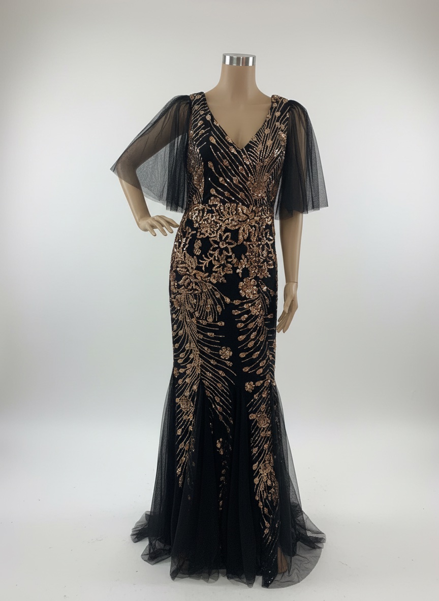Robe soirée noire avec des paillettes doré, longueur 150cm.tour de taille 38. tour de poitrine 44cm