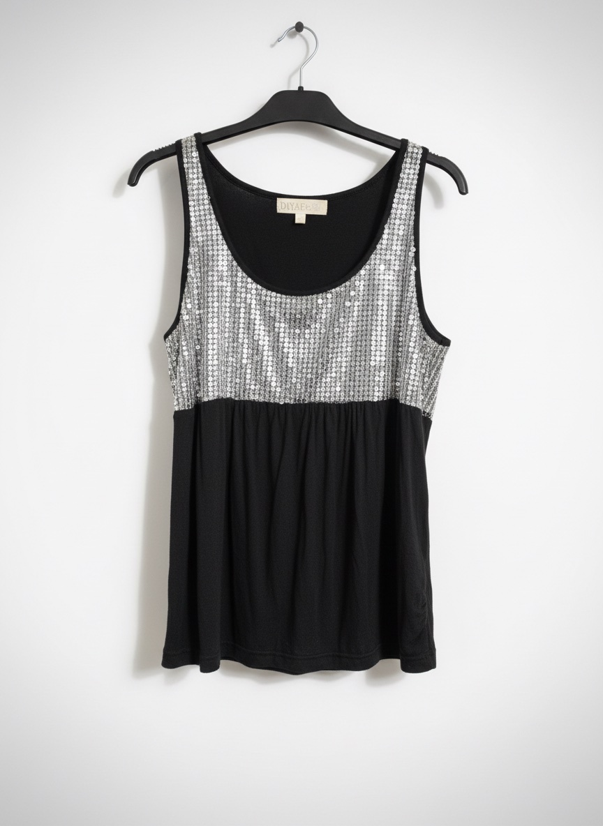 Pull coton sans manche avec des paillettes en argent pour femme