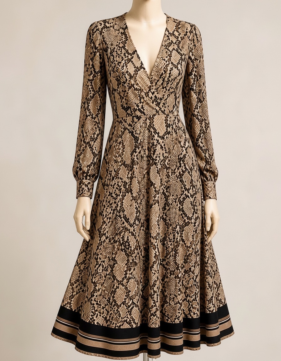 Robe élégante de la marque H&M, à imprimé effet serpent dans des tons beige et noir.