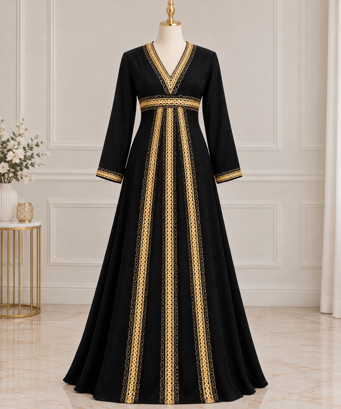 Abaya noire élégante avec des strasses dorée avec son foulard